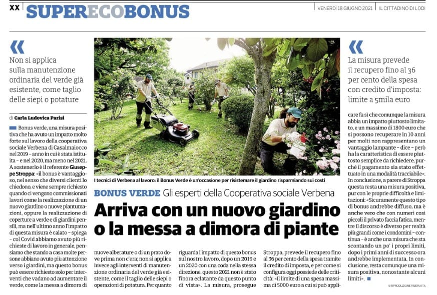 VERBENA : Il Bonus verde su ‘Il Cittadino di Lodi’